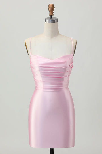 Blush Pink Bodycon Spaghetti Straps Cocktail Dress with Lace Up Back